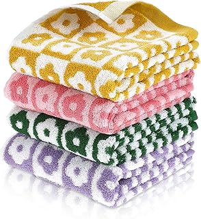 4 Pcs Checkered Hand Towels, Cute Cotton Bath Towels Soft Absorbent Flor...