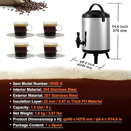 VEVOR Stainless Steel Insulated Beverage Dispenser, 1.5 Gallon 6 Liter, Thermal Hot and Cold Drink Server Dispenser with Spigot Handle, Food-Grade for Hot Tea Coffee Water Restaurant Drink Shop - 7