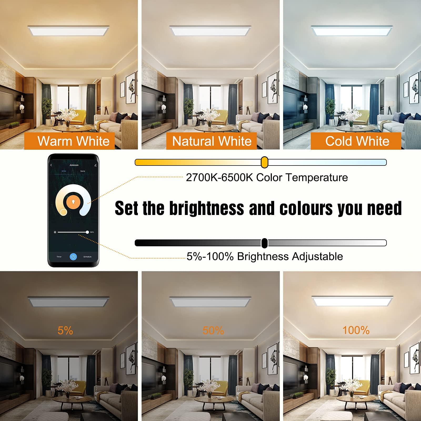 Dimmbare LED Deckenleuchte 120x30 cm mit WIFI TUYA, 40W Superhelle Flach Panellampe mit APP & Fernbedienung, 2700K - 6500K Intelligente Beleuchtung für Büro, Wohnzimmer, Küche, Garage, Babyzimmer