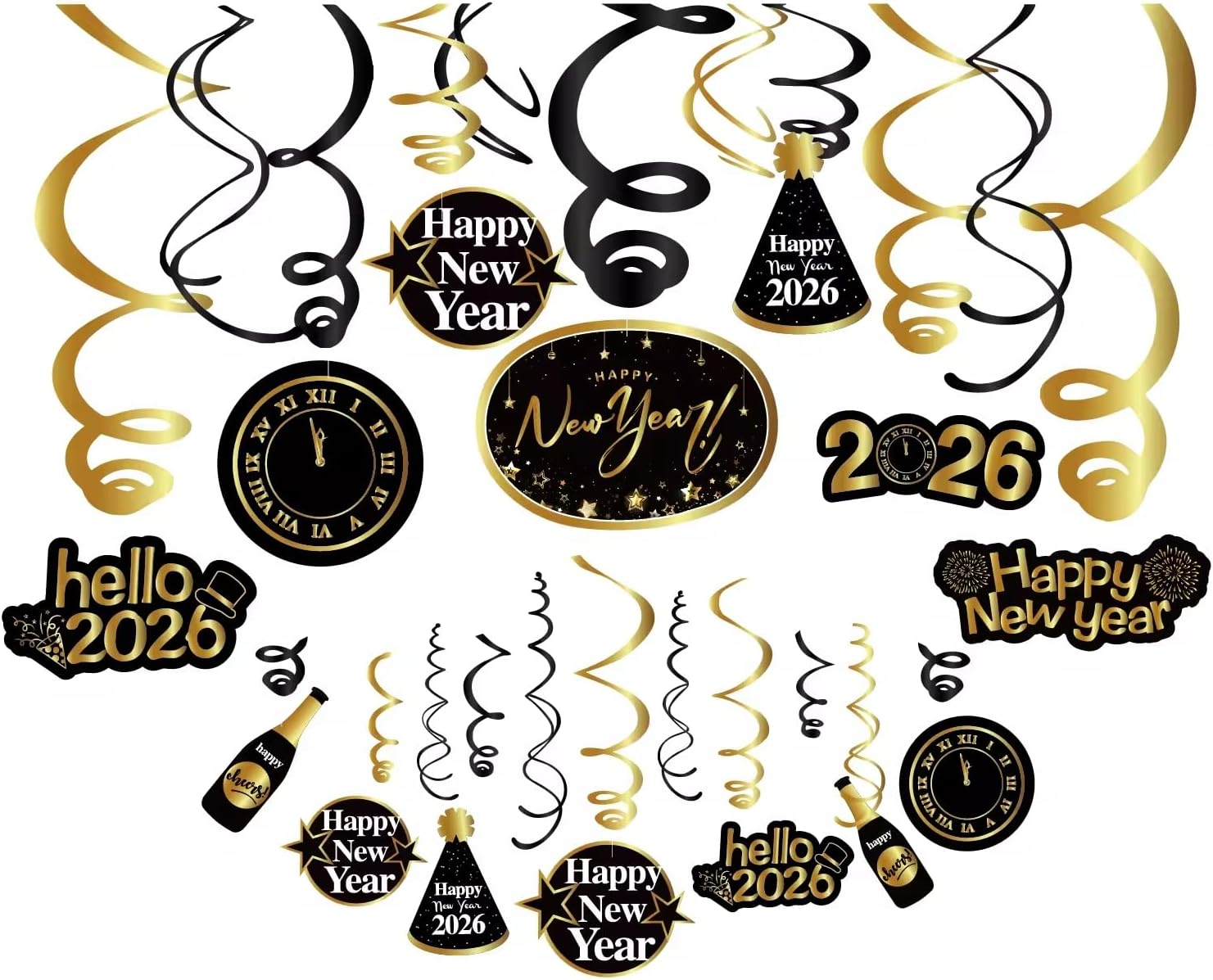 30Ct Happy New Years Eve Hanging Swirls Decorations, 2026 NYE Glitter Gold Black Decor, NY Theme Party Supplies Pack, Eve-Nye Party Favors for Adult, Foil Home Decorating Kit
