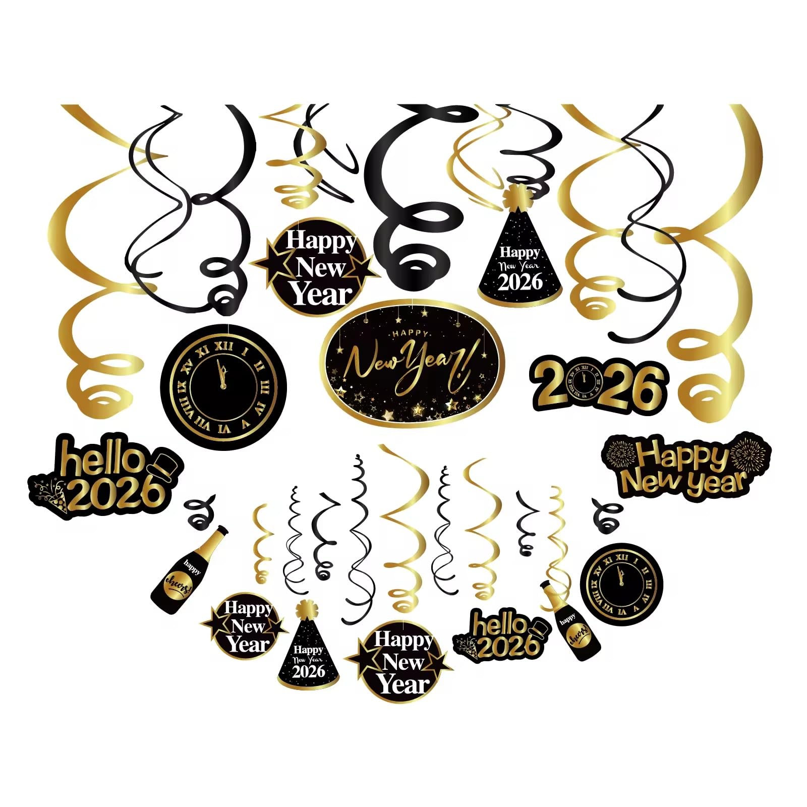 30Ct Happy New Years Eve Hanging Swirls Decorations, 2026 NYE Glitter Gold Black Decor, NY Theme Party Supplies Pack, Eve-Nye Party Favors for Adult, Foil Home Decorating Kit