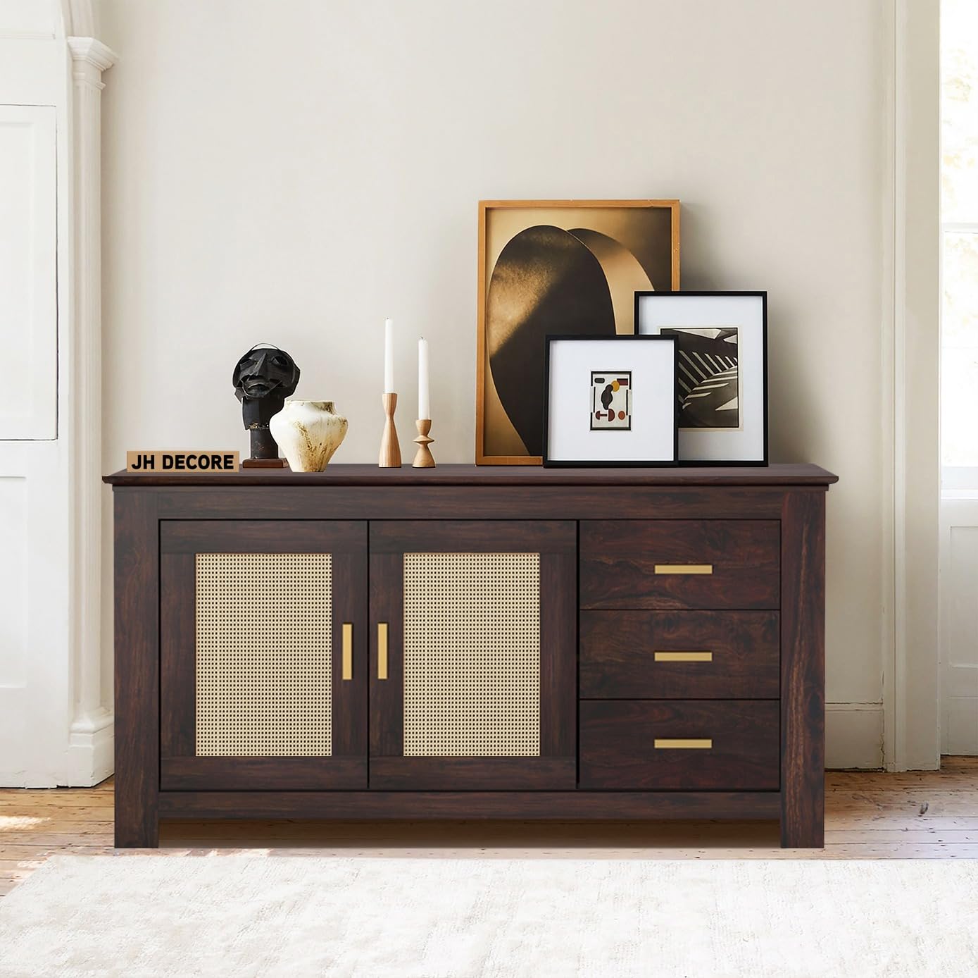 JH Decore Solid Sheesham Wood Sideboards & Cabinet with 2 Door and 3 Dawers Storage for Living Room | Solid Wood Cabinet for Home | Wooden Cabinet for Storage (Walnut Finish)-image-39