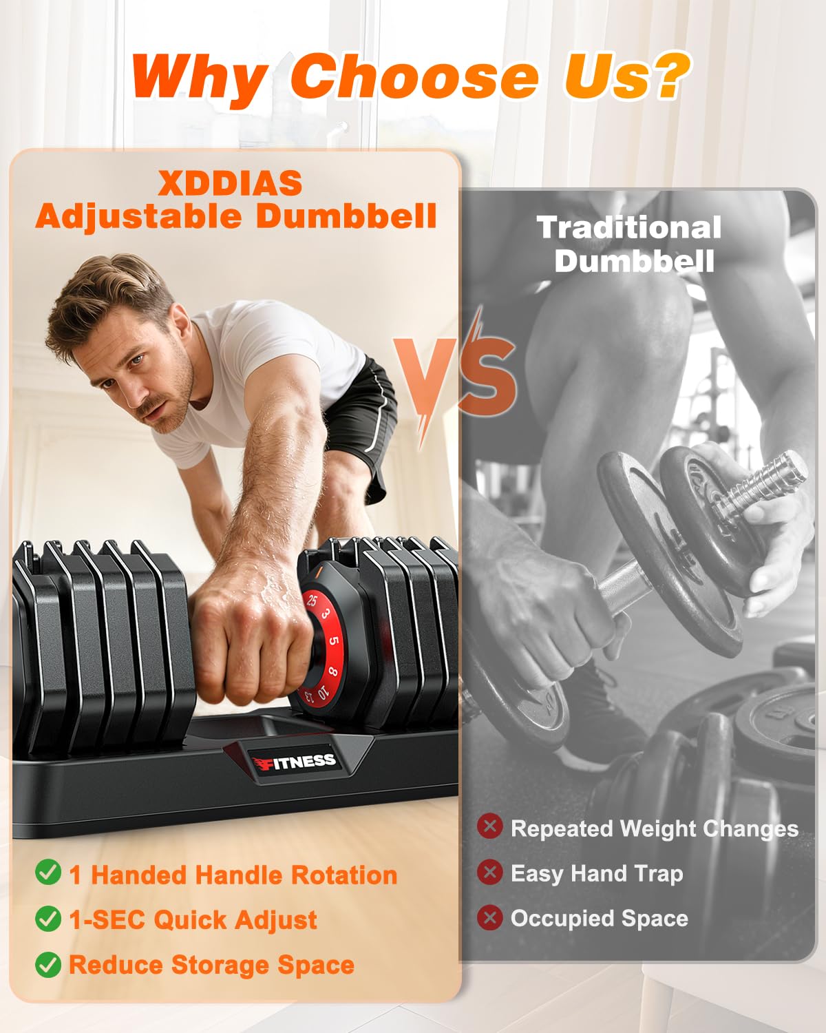 Adjustable Dumbbell Set for Home Gym Strength Training | 25 to 90 lbs, one-hand adjustable, non-slip knurled grip, compact storage, ideal for full-body strength training
