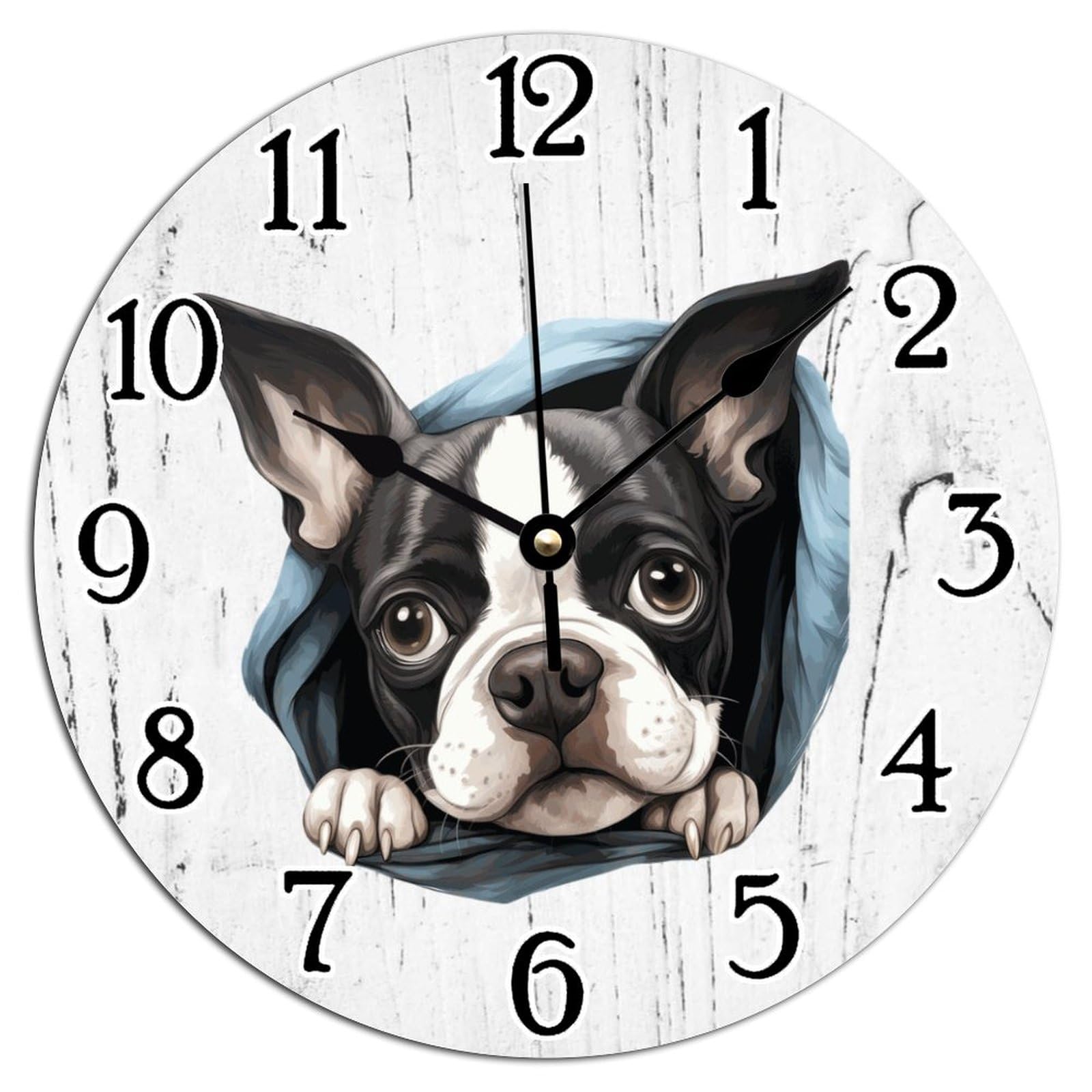 Vinisong Boston Terrier Peeking Dog in Crack Wall Clock Boston Terrier Round PVC Clocks for Wall Pet Owner Gift Clocks for Wall Battery Operated Silent Clock for Living Room 12x12in
