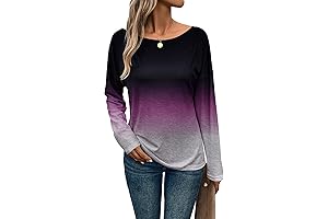 Essential Women's Ombre Top, Scoop Neck Long Sleeve Drop Shoulder T-shirts