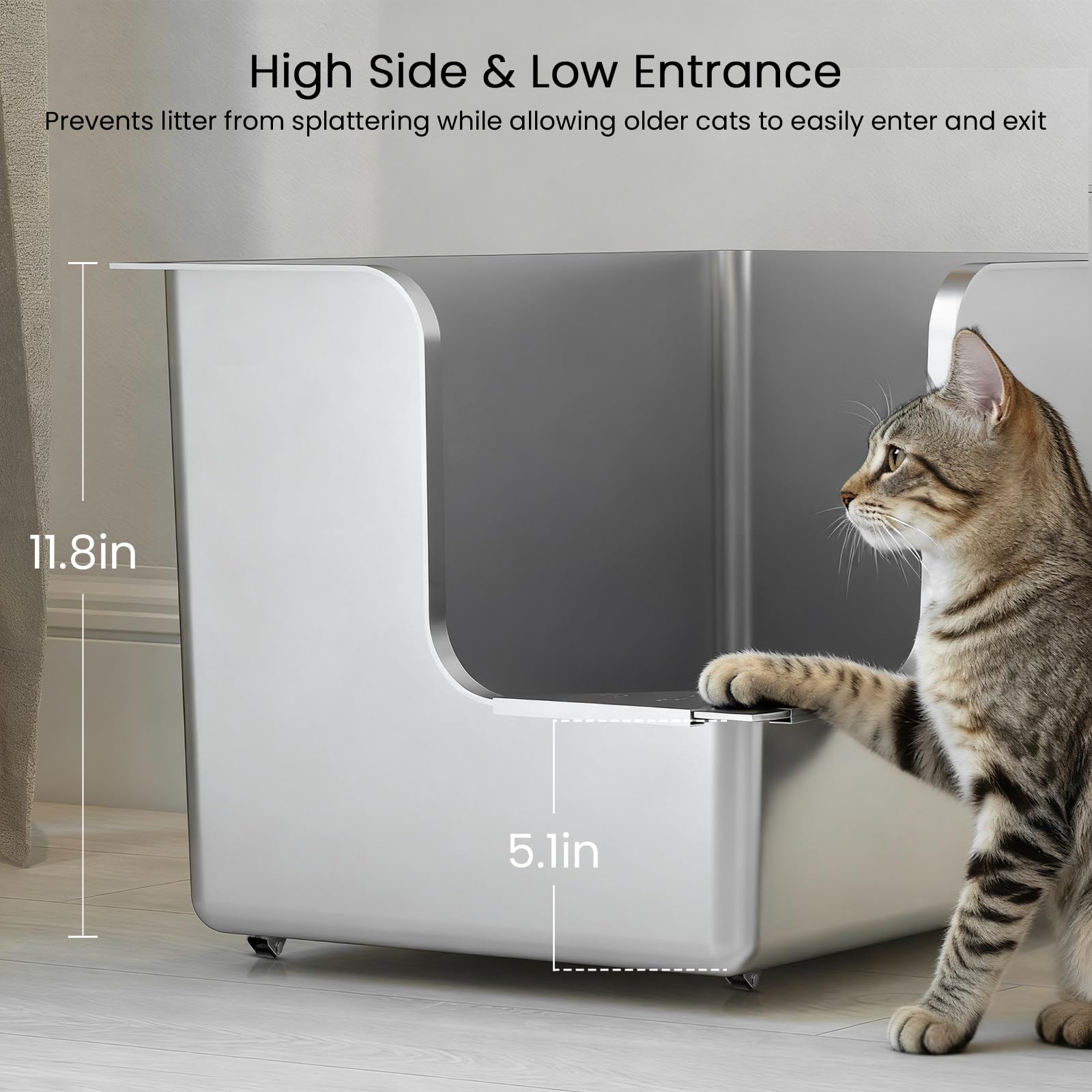 PTLOM Lebensmittelechtes Katzenklo Edelstahl XXL Katzentoilette 30CM hohe Seiten,Ecköffnung, mit Rädern, antihaftbeschichtet, geruchsneutral, für große/mehrere Katzen