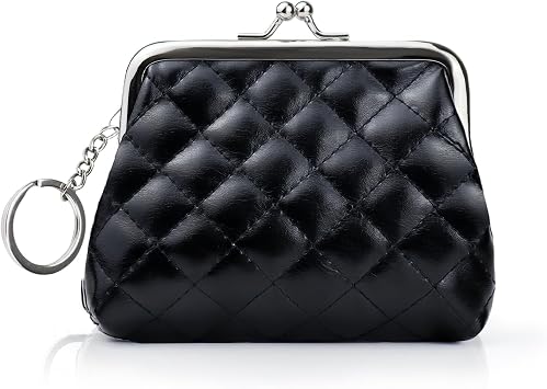 Coin Purse for Women, Small Rhombus Pattern Leather Coin Pouch, Vintage Kiss Lock Change Purse Mini Coin Bag Black