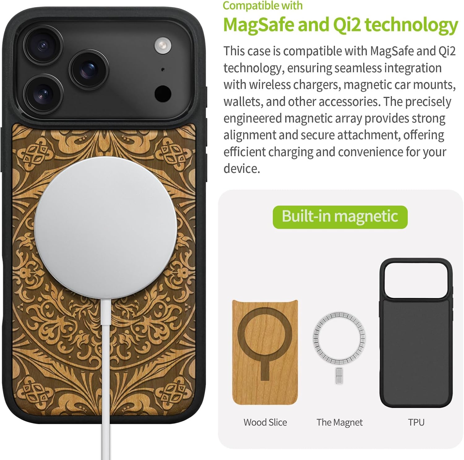 Carveit Magnetic Case for iPhone 17 Pro Case, Wood Artisan Engraved & Handmade Shell Inlaid, TPU Shockproof Cover, Compatible with MagSafe Wireless Chargers (Phoenix in Symmetry-Cherry)