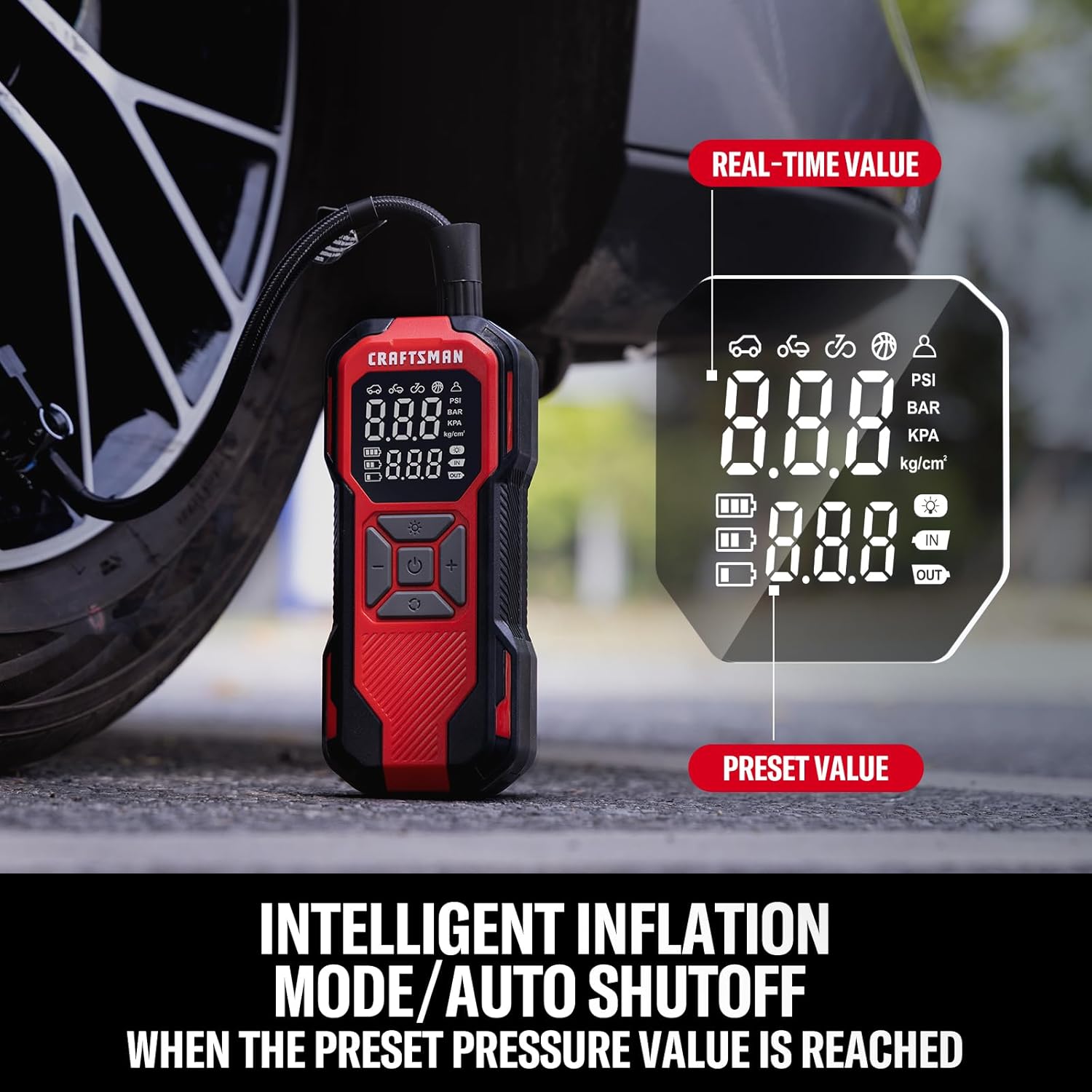 Craftsman Tire Inflator Portable Air Compressor - 20V Cordless Air Pump for Car Tires, 150PSI Upgrade High-Capacity Battery, Auto Shutoff Portable Tire Inflator for Car, LED Gauge & 12V DC Corded