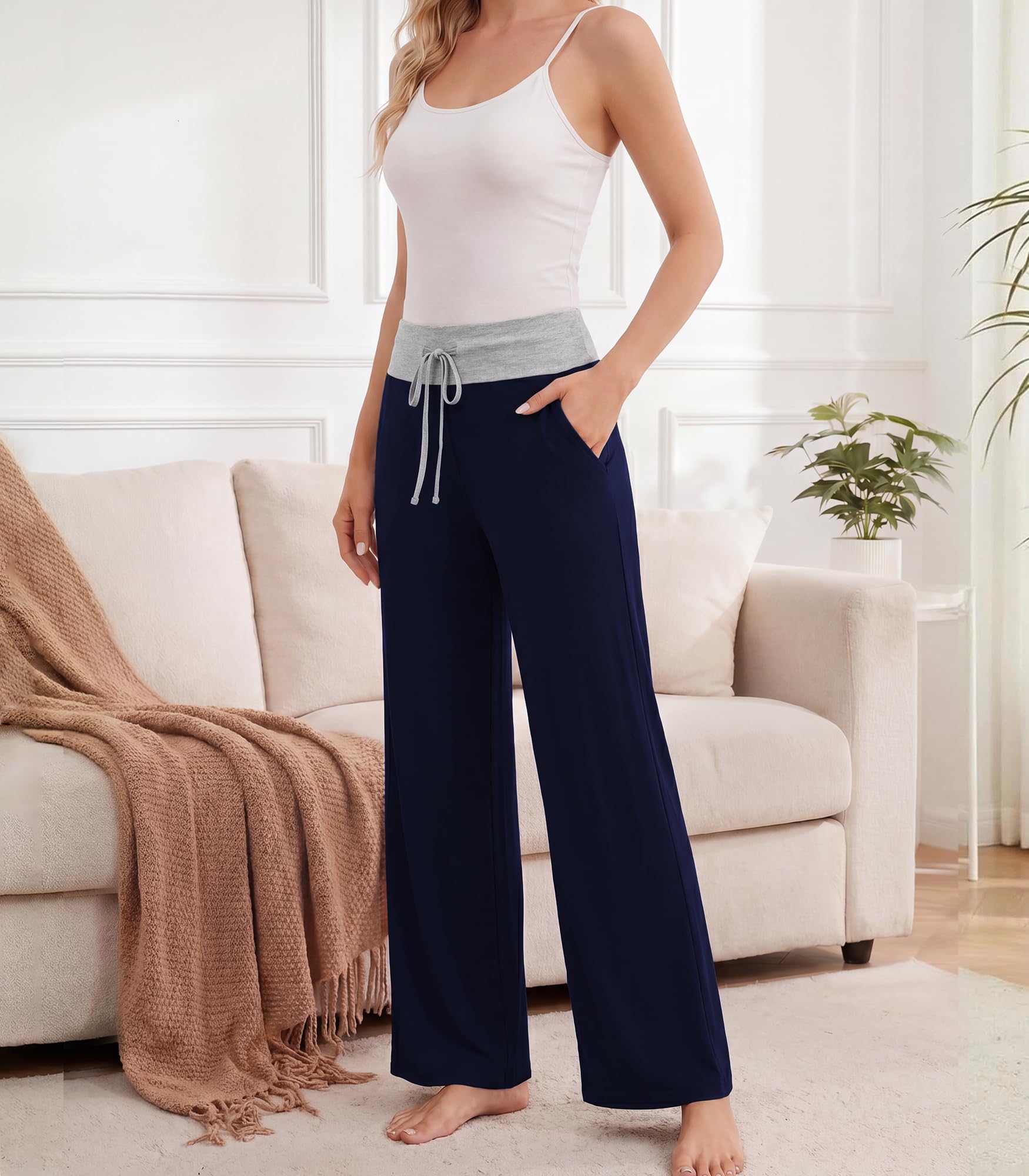 WiWi Pantaloni da donna in bambù a gamba larga pantaloni casual elastici pantaloni pigiama morbido pantaloni plus size indumenti da notte S-4X