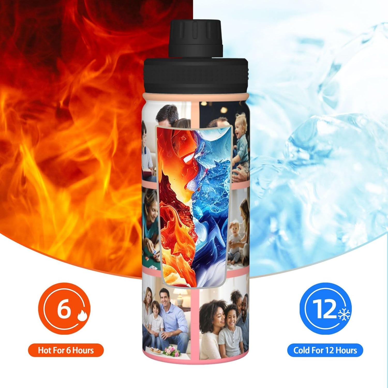 Custom 18 Oz (530 ml) Insulated Stainless Steel Sports Water Tumbler with Lid, DIY 12 Photos Personalized Unisex Flask Water Bottle for Outdoor Sports Fitness Birthday Gifts