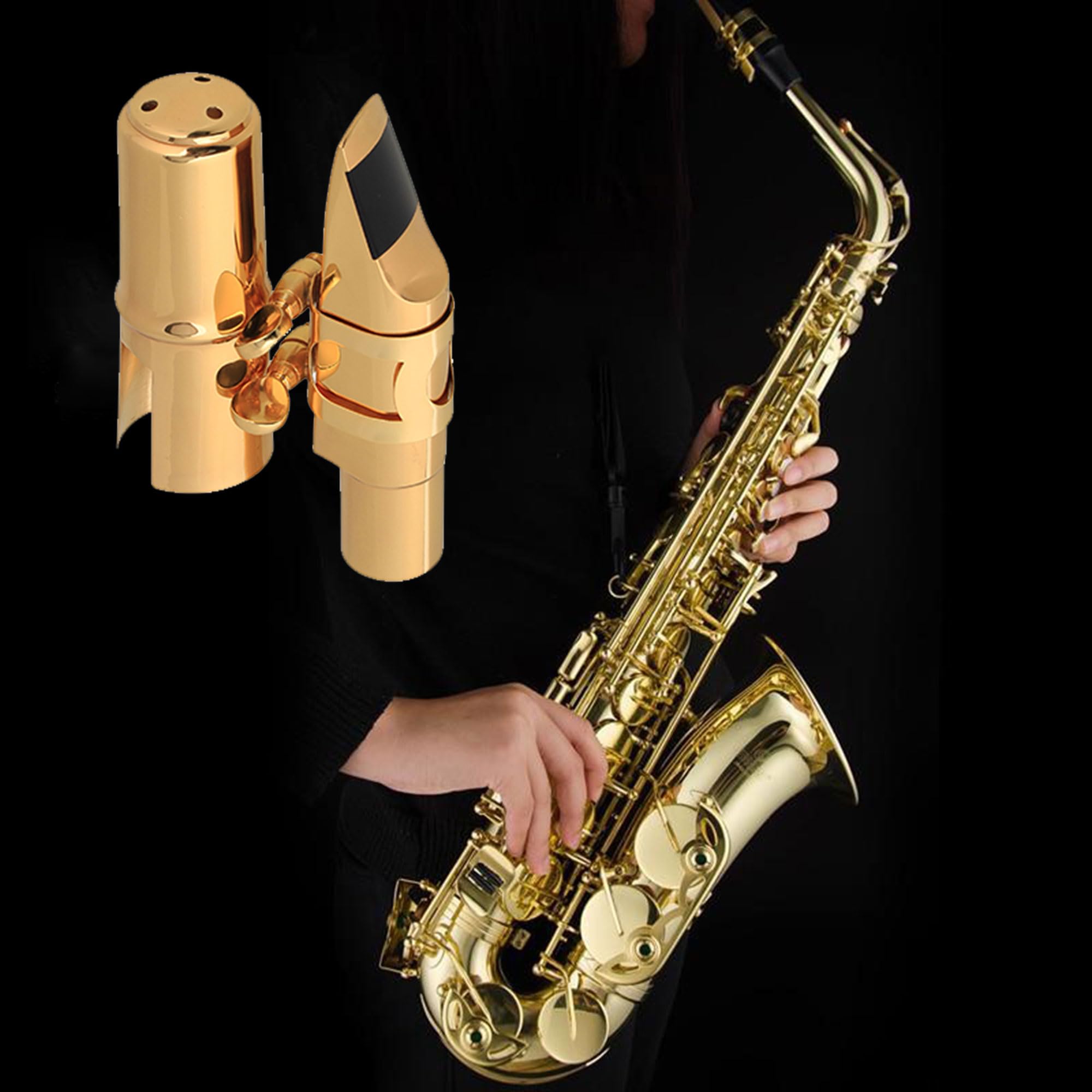 Yibuy - Boquilla de metal para saxofón tenor si bemol con tapa y ligadura, tamaño 7, color dorado