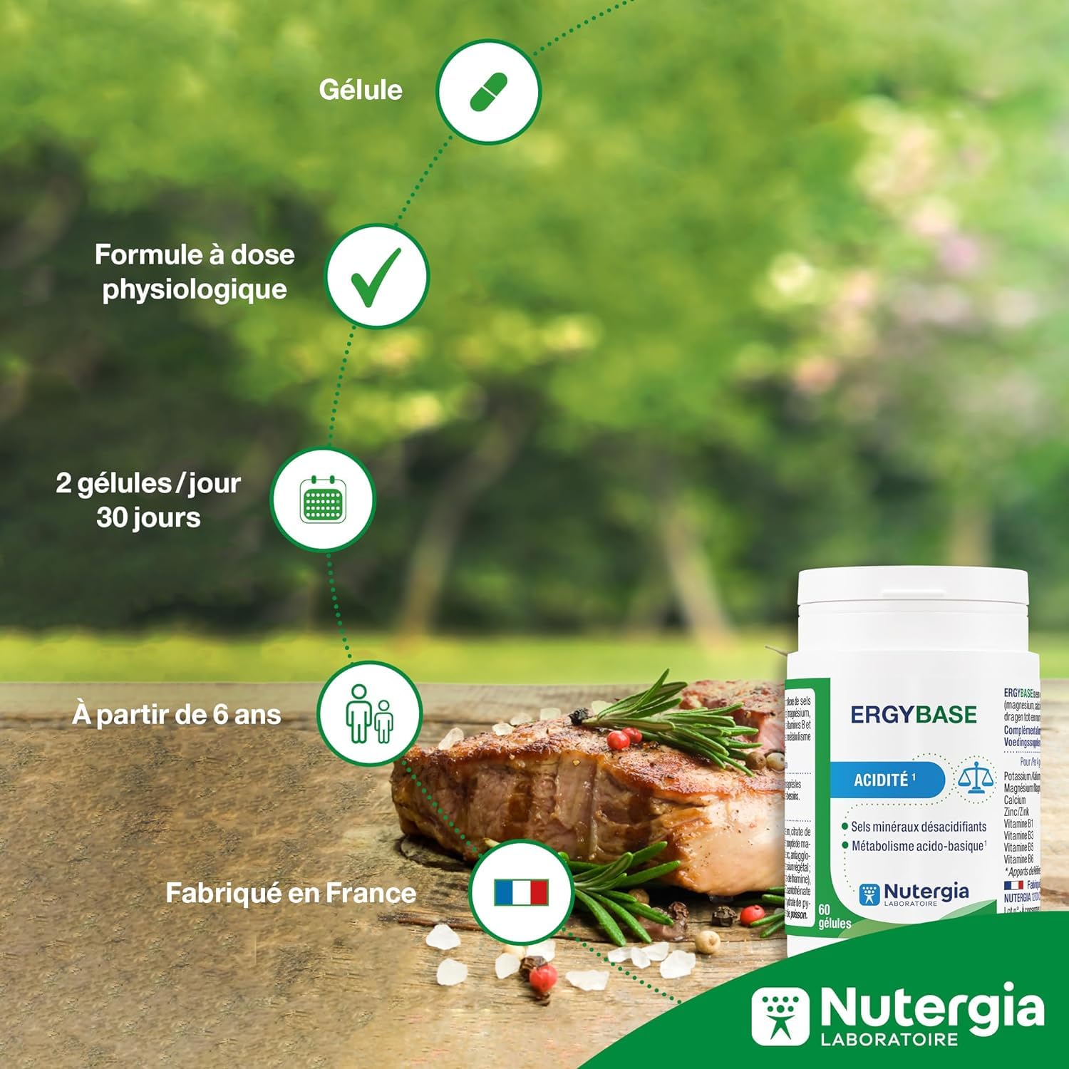 Nutergia ERGYBASE Acidité Complément Alimentaire Lot de 2 Boites 60 Gélules Maintien Équilibre Acido-Basique Enzymes Digestives