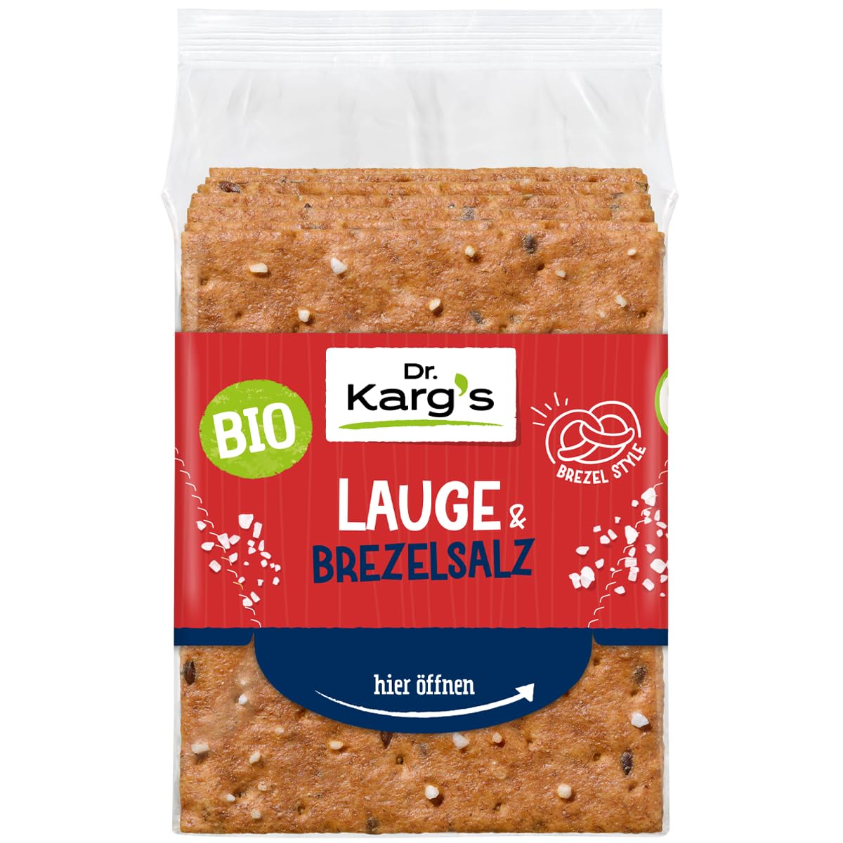 Dr. Karg’s BIO Knäckebrot Lauge & Brezelsalz – dünn knusprig, vegan, Brezel-Style, mit grobem Brezelsalz, reich an Ballaststoffen, 100% Vollkorn & mit natürlichen Zutaten, 10x200g