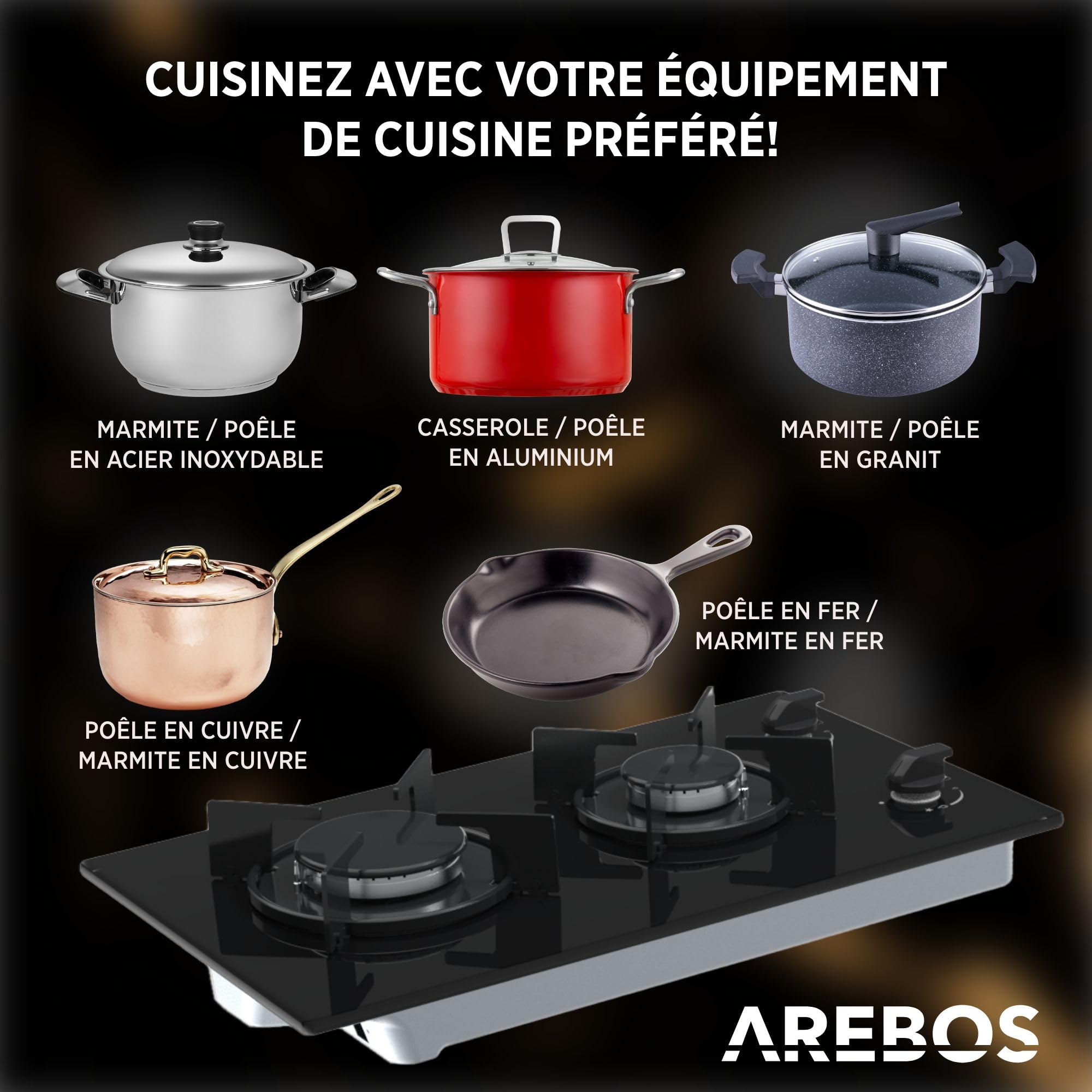 Arebos Plaque de cuisson à gaz 30 cm 2 brûleurs | Verre trempé | Encastrable avec supports en fonte | Compatible gaz naturel et propane | Sécurité d’allumage intégrée
