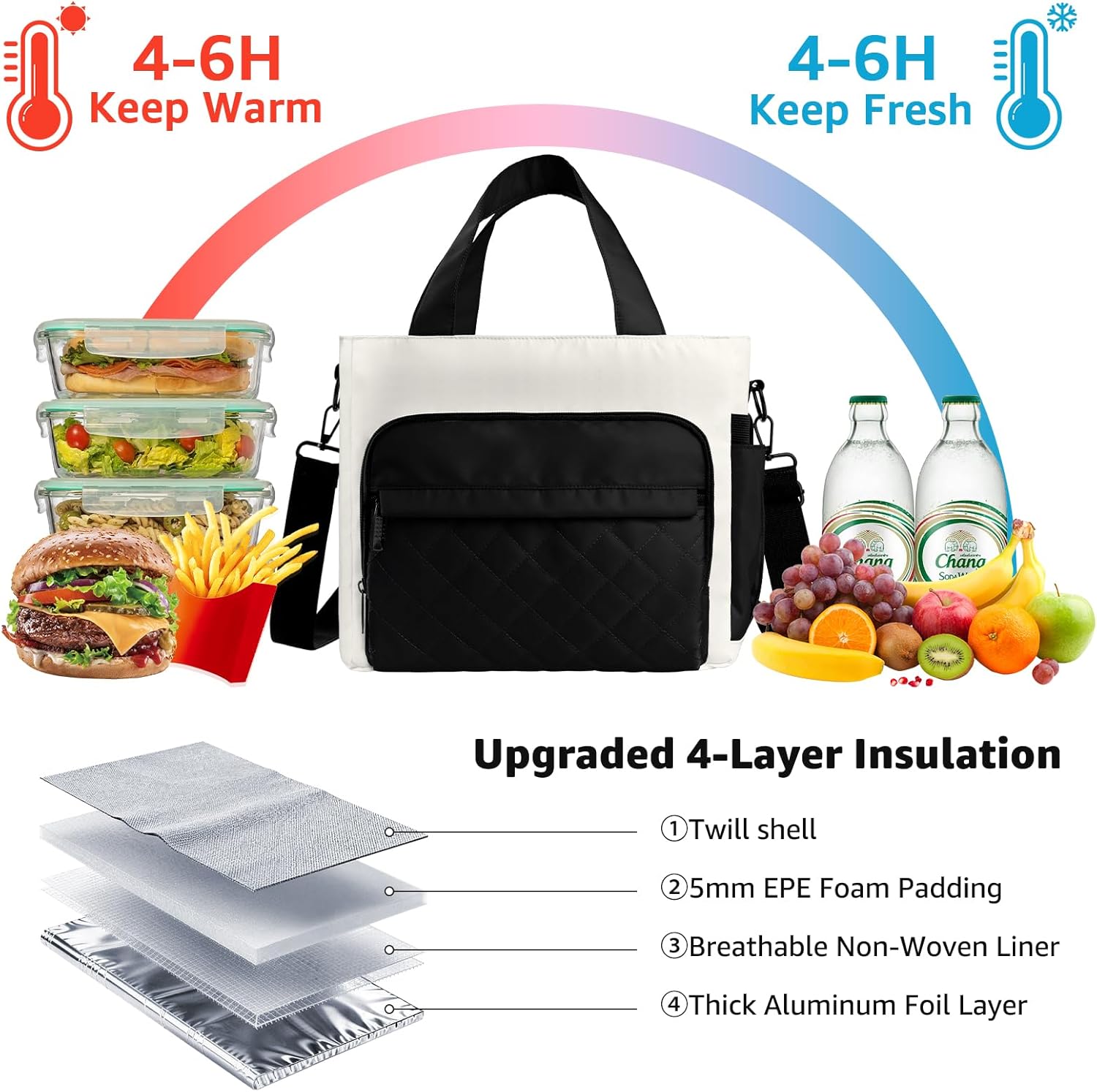 Women's Insulated Lunch Box Bag - Stylish Tote Design, Leakproof Waterproof Lunch Cooler, Large Lunch Tote Bags for Work Commute & Dates (White-Black)
