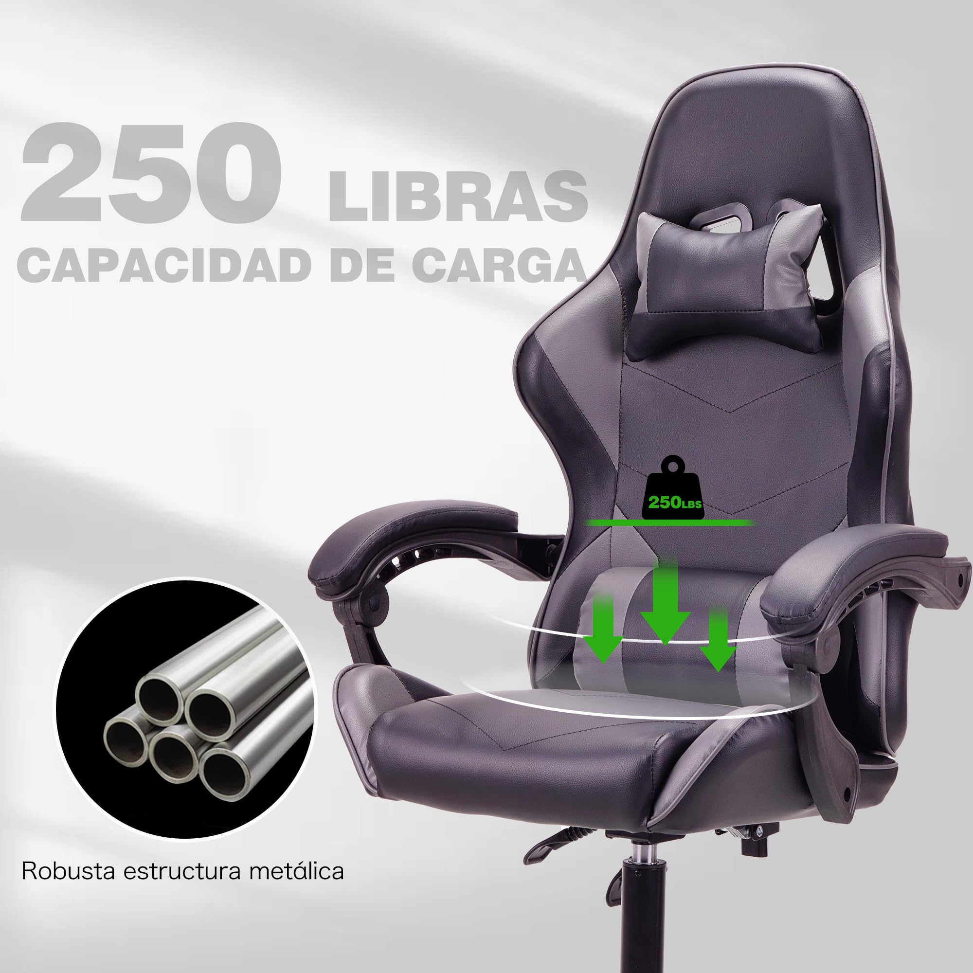 T-THREE. Silla ergonómica de respaldo alto para juegos, computadora, oficina y estudio, giratoria con soporte lumbar ajustable y reposacabezas, capacidad de 150 kg, ideal para