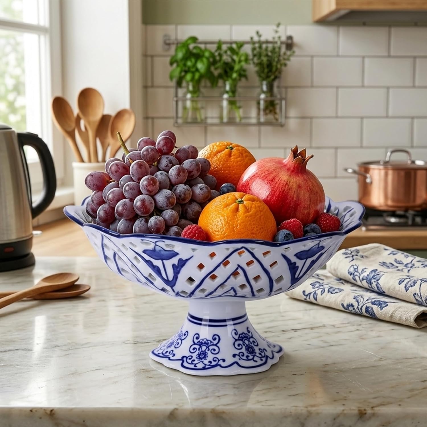 XINGYAN 9.57in Blue and White Chinoiserie Bowl,Fruit Bowl,Decorative Bowl, Chinese Porcelain Bowl, Footed Fruit Basket Porcelain for Kitchen Counter Table Centerpiece Decor (9.57in)