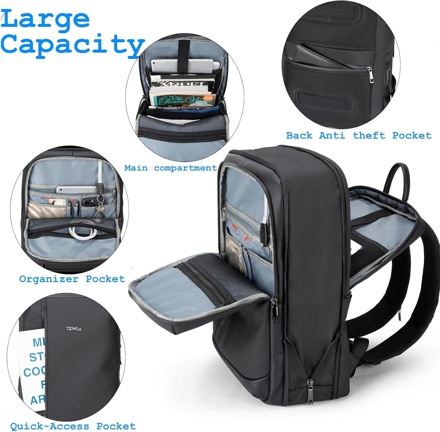 Tzowla Business Commute Laptop Backpack Fit 17.3 Inch Laptop,Slim & Expandable Waterproof Work Backpacks with USB3.0 Charging Port,Travel Lightweight Bag Gift for Men Women(Black) - Image 4