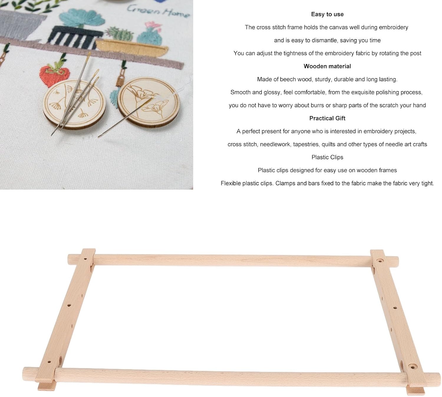Cross Stitch Frame Rectangular Beech Wood 21.5x12in - Removable Needlework Stretcher with Adjustable Tension, Plastic Clip for Embroidery, Quilting & Needlepoint