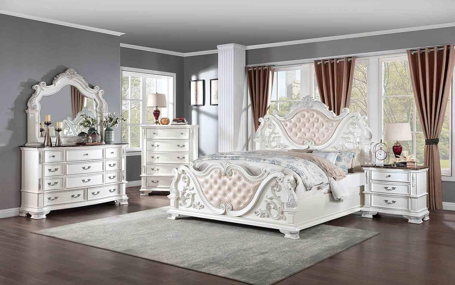 Upholstered Sleigh Traditional Bed Frame - Wooden Luxury Bed Frame with Leather Button Tufted and Faux Wood Carved Details, Box Spring Required, Assembly Required (Pearl White, Queen) - Image 2