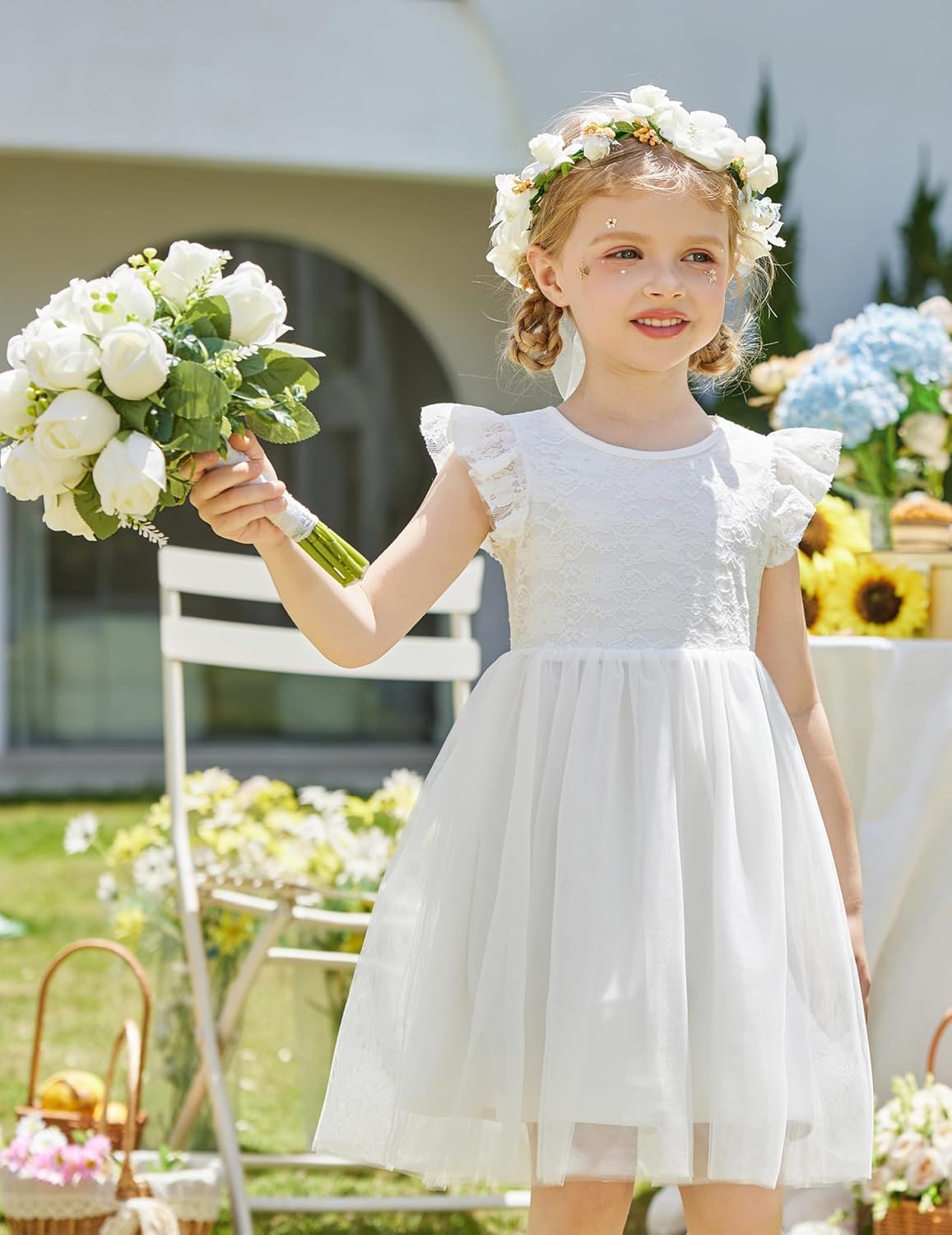 Arshiner Toddler Lace Tutu Dresses Ruffle Sleeve 3 Layers Tulle Flower Wedding Birthday Summer Little Girls Dress - Image 2