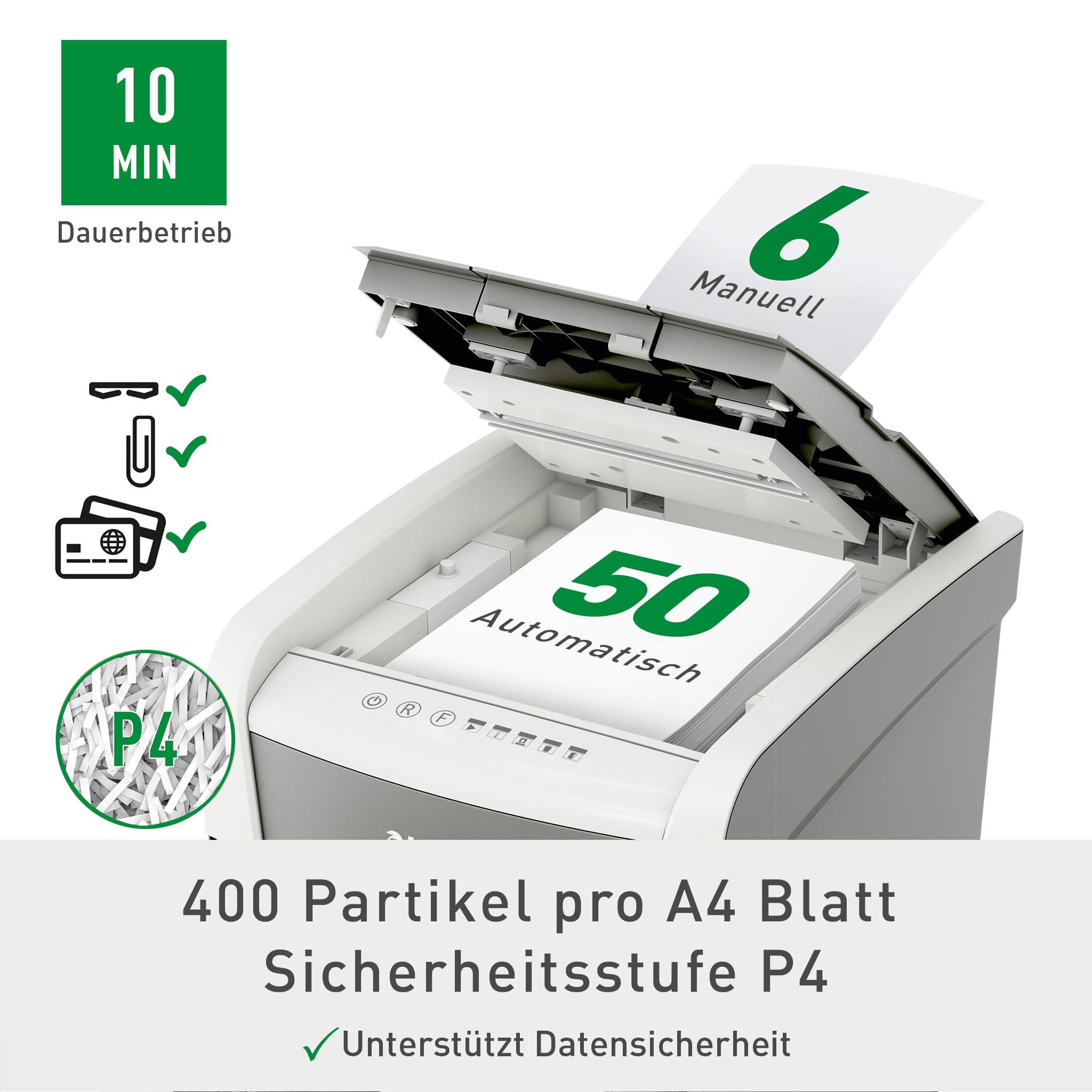 Leitz IQ Autofeed Small Office Aktenvernichter, 50 Blatt Papierstapel schreddern, Zeit sparen mit automatischem Einzug, Partikelschnitt P4, 20L Abfallbehälter, Leiser Betrieb für Büro, 80350000