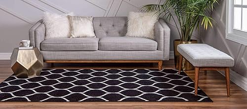 Miniatura 3 de Unique Loom - Alfombra redondeada de la colección Trellis Frieze (4 pies 1 pulgada x 6 pies 1 pulgada, color negromarfil)