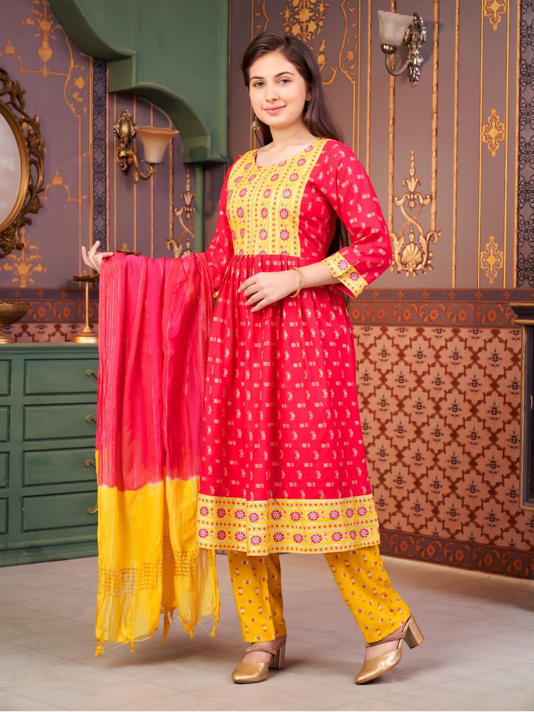 Aarika Girls Ethnic Wear Rani-Yellow Colour Foil Print Rayon Kurti-8-15 Years (Kurti-Ap-803)