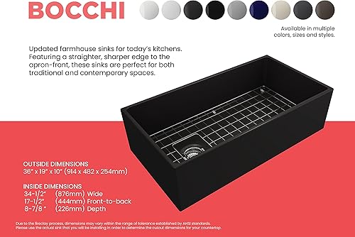 Miniatura 4 de BOCCHI Contempo Farmhouse Delantal de arcilla refractaria delantera de 36 pulgadas. Fregadero de cocina de un solo tazón con rejilla inferior