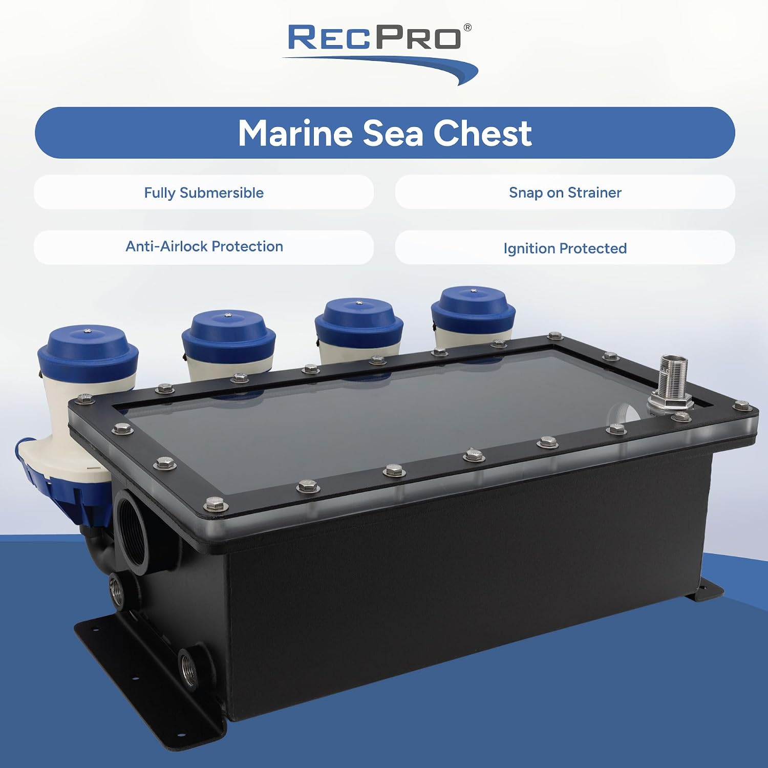 RecPro Marine Sea Chest with Quad 1500 GPH Pumps | External Mount System | T-316L Stainless Steel | Central Seawater Intake Box for Livewell, Washdown & Marine Plumbing