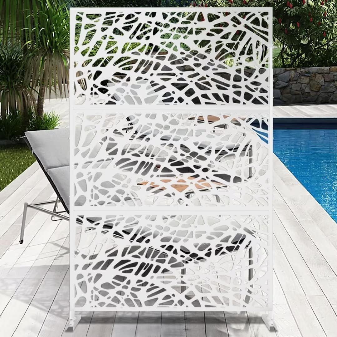 Elevens Metal Privacy Screen Outdoor Patio Screen Panels Freestanding Decorative Screen Set with Stand for Deck Patio Balcony Garden Outdoor&Indoor, White-Web (GE4004-USAM010)