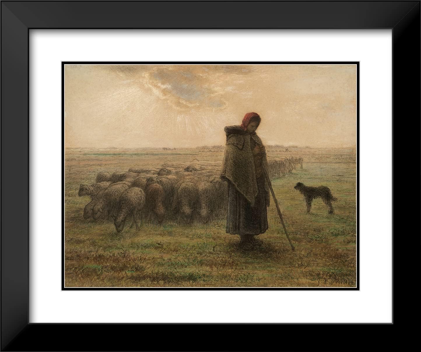 ArtDirect Jean-François Millet 24x19 Black Modern Frame and Double Matted Museum Art Print Titled - Shepherdess and Her Flock (About 1864-1865)
