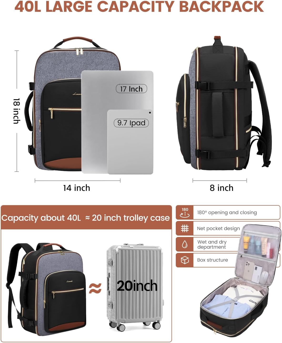 LOVEVOOK 40L Travel Backpack for Women & Men, Airline Approved Carry On Luggage with 3 Packing Cubes, TSA Overnight Bags, Waterproof Personal Item Bag, Weekender Essentials Backpacks fits 17" Laptop - Image 4