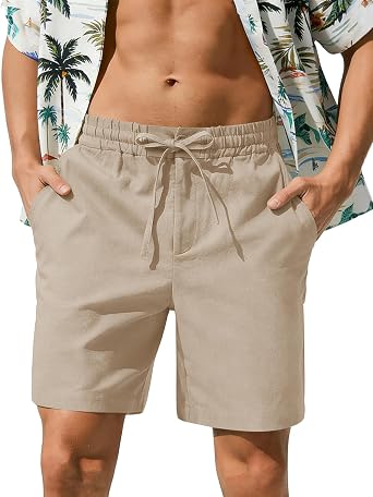 Lasjixion Mens Cotton Linen Shorts Casual 7inch Drawstring Summer Beach Vacation Yoga Golf Shorts with Pockets