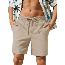 Lasjixion Mens Cotton Linen Shorts Casual 7inch Drawstring Summer Beach Vacation Yoga Golf Shorts with Pockets