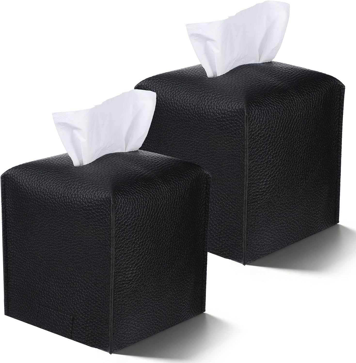 2 Pack Black Tissue Box Cover, PU Leather Square Tissue Box Holder with Bottom Belt, 5.3x5.3x5.3 Inch Decorative Organizer for Bathroom, Car, Office & Nightstand