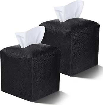 2 Pack Black Tissue Box Cover, PU Leather Square Tissue Box Holder with Bottom Belt, 5.3x5.3x5.3 Inch Decorative Organizer for Bathroom, Car, Office & Nightstand