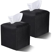 2 Pack Black Tissue Box Cover, PU Leather Square Tissue Box Holder with Bottom Belt, 5.3x5.3x5.3 Inch Decorative Organizer for Bathroom, Car, Office & Nightstand