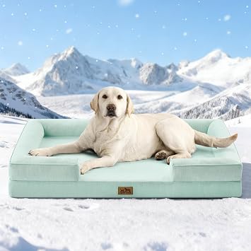 COZY KISS 超大型犬用冷却犬用ベッド Q-Max >0.4 サマー クール 整形外科用フォーム ペットソファベッド サイド付き、ボルスター 滑り止めソファ 洗える取り外し可能なカバー付き、XXL 48x35x7.5インチ、グリーン