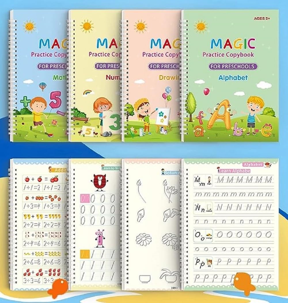 Magic Practice for kids Copybook, Magic practice book for kids(4 BOOK + 10 REFILL+ 1 pen +1 grip) Number Tracing Book for Preschoolers with Pen.