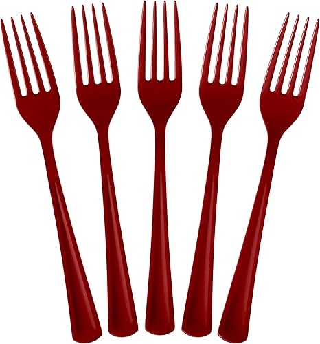 Tenedores desechables de plástico burdeos, 100 piezas, cubiertos desechables de plástico burdeos resistentes, cubiertos desechables color borgoña,
