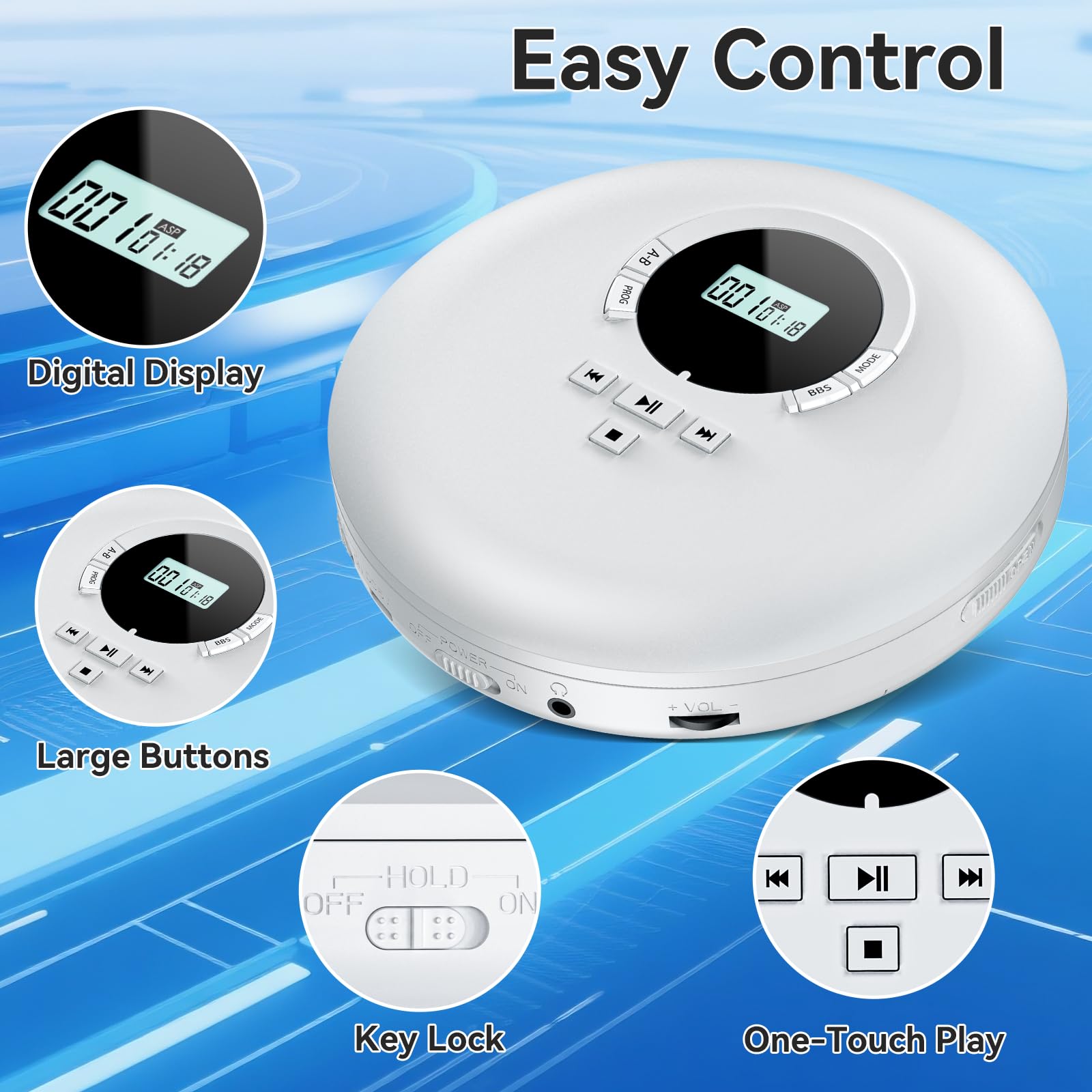 Gueray Lettore CD Portatile Lettori CD Personale con Cuffie Display LCD Anti-Skip Protezione HiFi Classico CD Lettores di Musica Memoria per Auto Casa-Bianco
