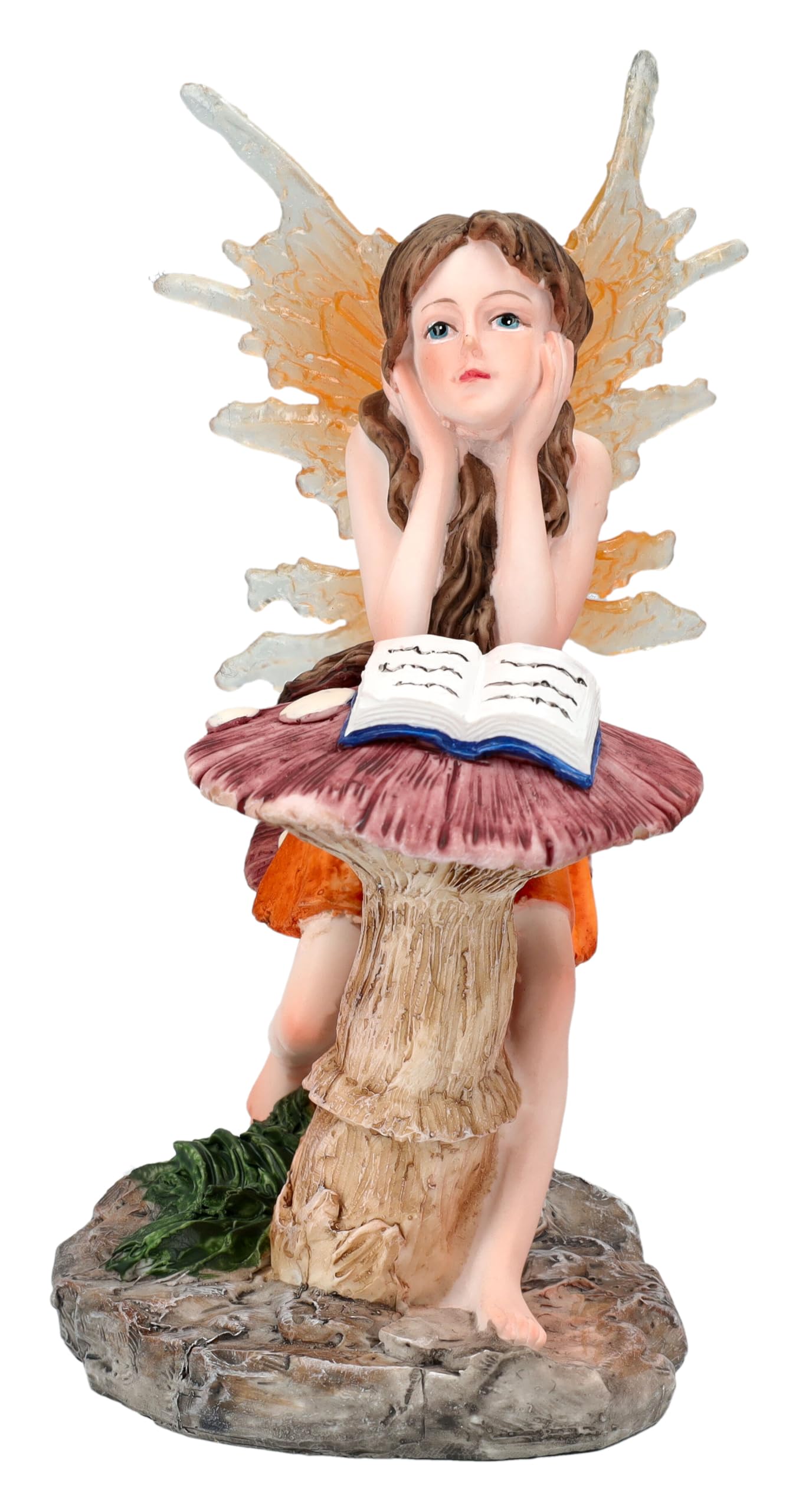 Figuren Shop GmbH Lesende Elfenfigur Isilwen auf Pilz – Fantasy Deko für Bücherfreunde, 15 cm