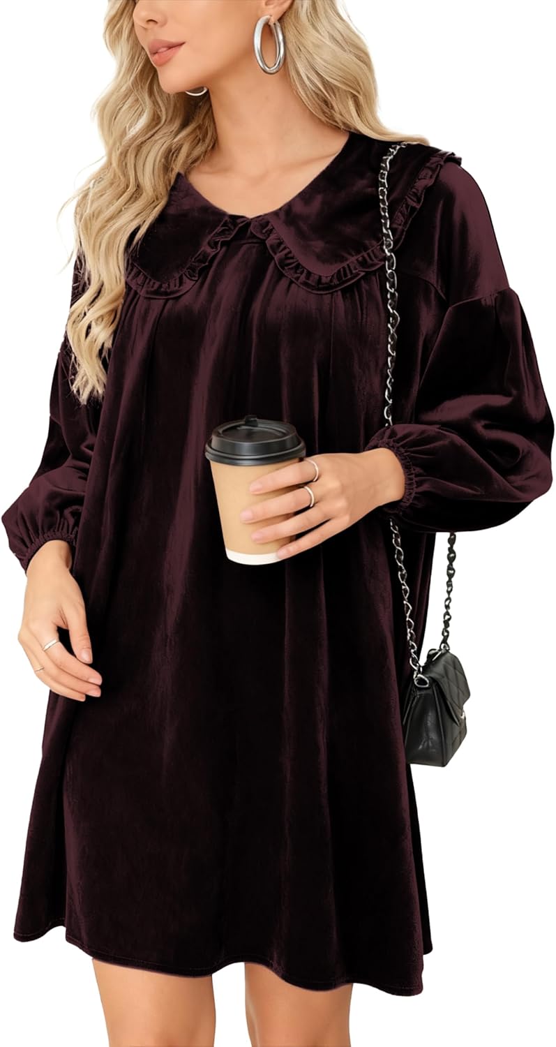 Womens Velvet Long Sleeve Mini Dress A Line Ruffle Collar Babydoll Fall/Winter Outfit - Image 4