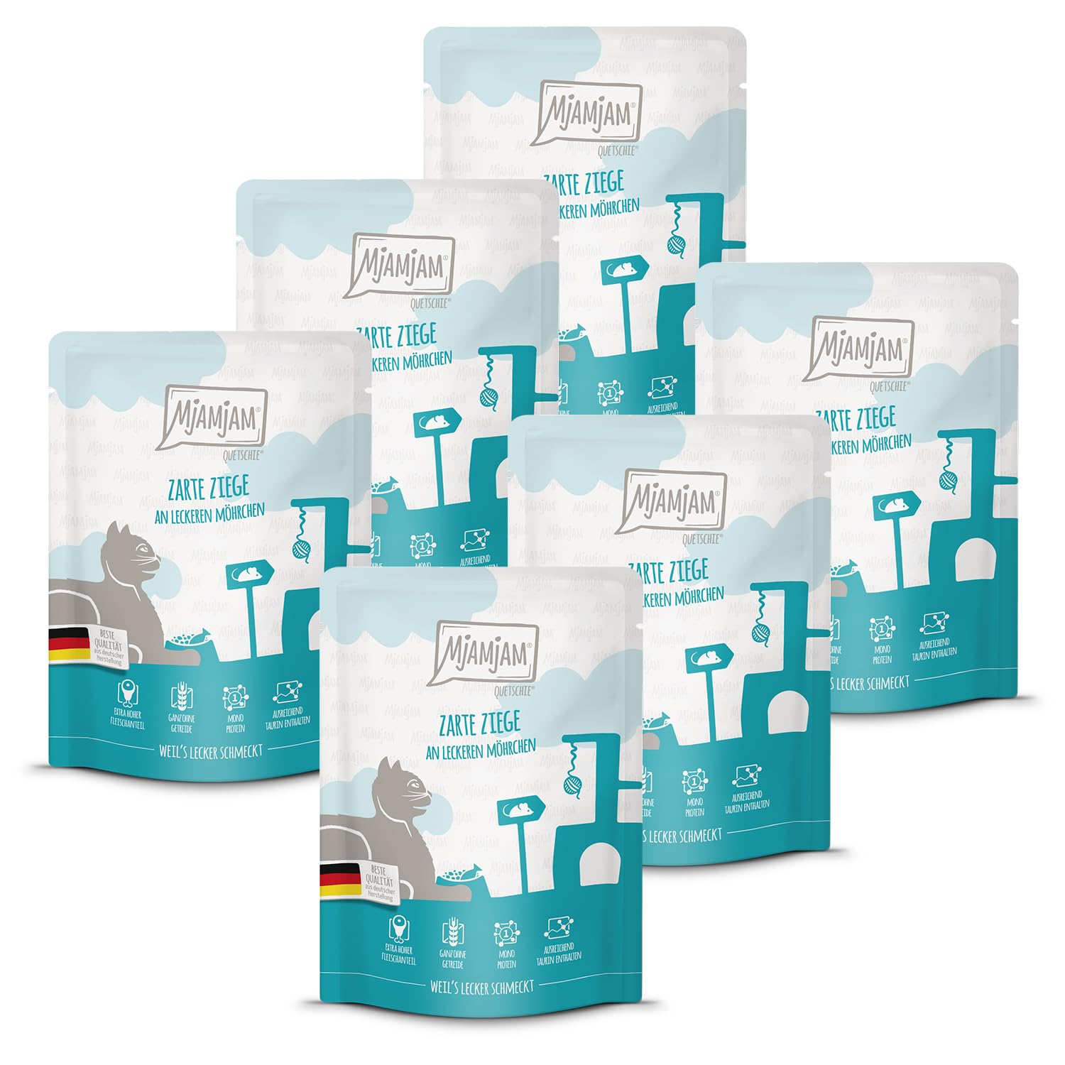 MjAMjAM - Premium wet food for cats - Quetschie - tender goat with tasty baby carrots, pack of 6 (6 x 300 g), grain-free with extra meat