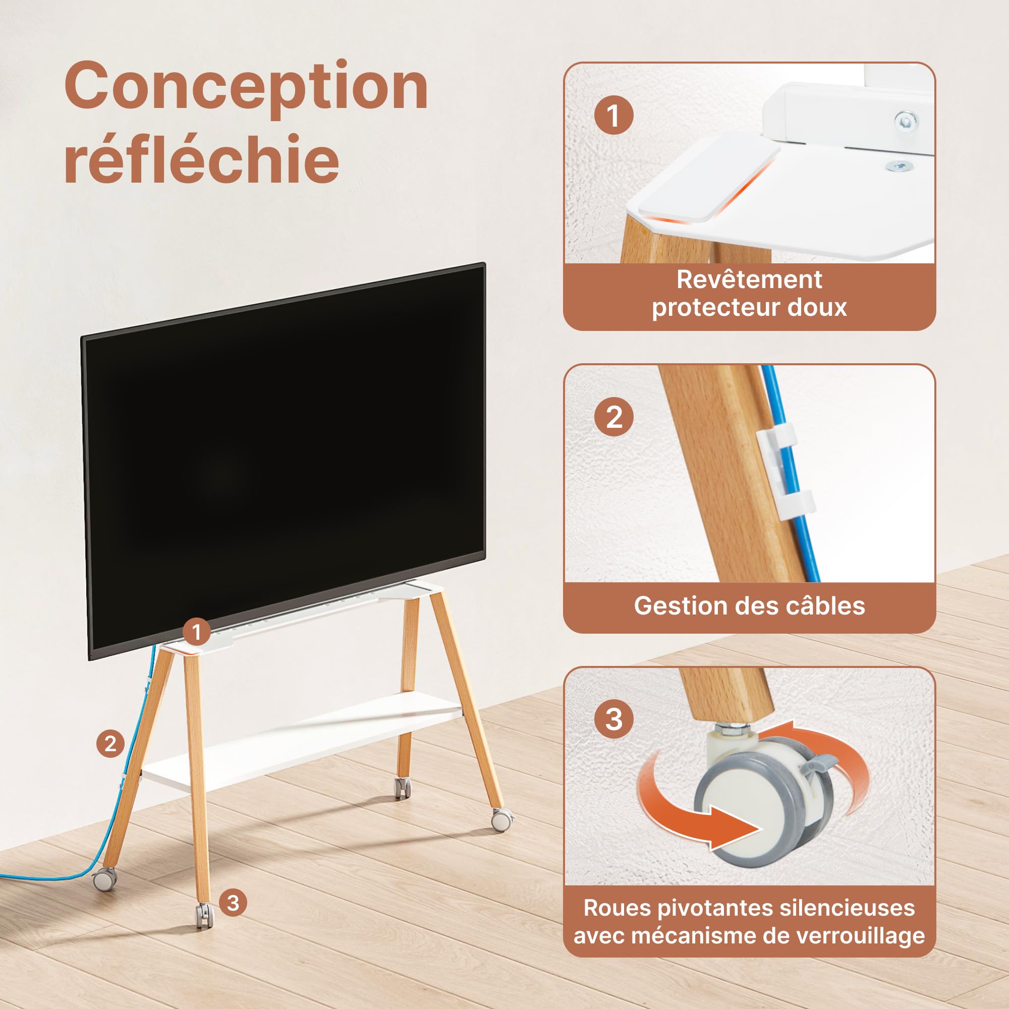 Support TV avec roulettes pour étagère Mobile de 49 à 75 Pouces | jusqu'à 40 kg, design Easel en métal et bois, idéal pour magasin, bureau, école et maison, Max VESA 600*400MM, Blanc