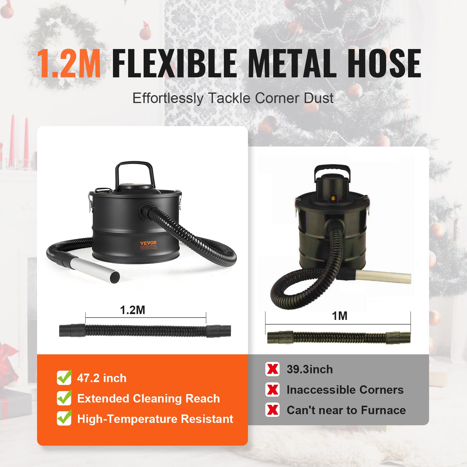 VEVOR Aspirador de Cenizas, 15 L, Potente Succión de 1200 W, con Succión Inversa, Cable de Alimentación de 3 m, 16 kPa de Aspiración Máxima, para Chimeneas, Estufas de Pellets, 320 x 315 x 250 mm