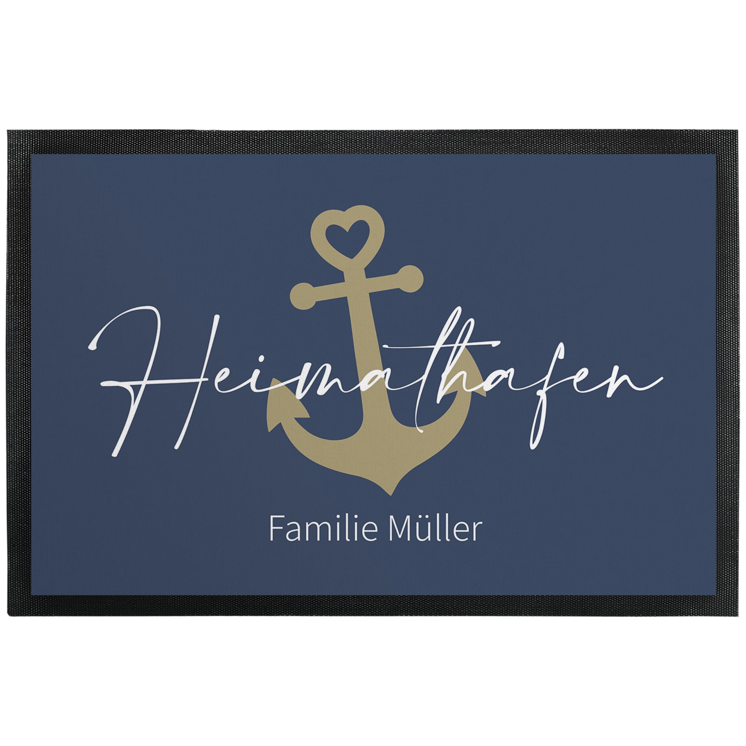 Deko-Fußmatte 75x50 cm „Heimathafen“ personalisiert mit Wunschtext - extra dünne Türmatte mit rutschfester Rückseite & Velours-Oberfläche - Deko-Matte für Flur & Wohnung - Geschenk zum Einzug