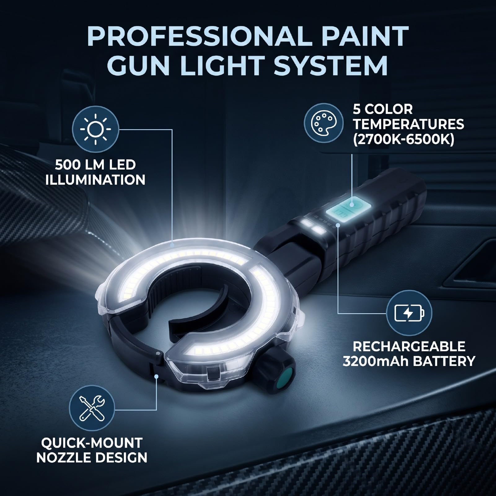 Luz de Pistola de Pintura, Lámpara de Pulverización LED de 500 LM | Luz de Trabajo con Carcasa de Aluminio, 2700K a 6500K y 250 500 LM, Recargable por USB C de 3200 MAh, Se Adapta a Boquilla